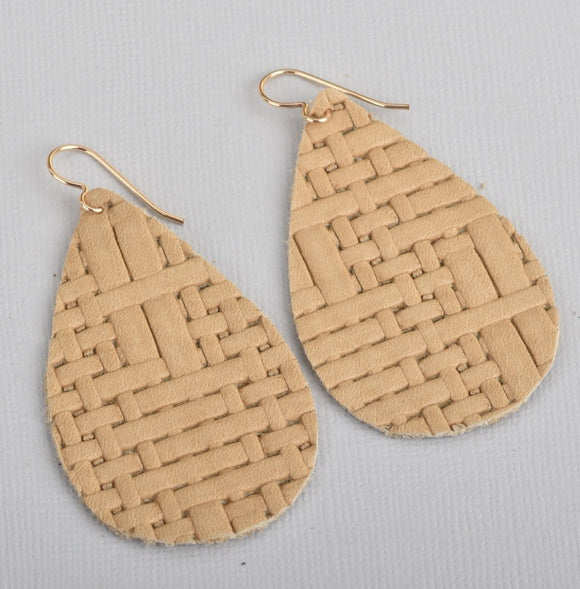 Sand Basket Weave Leather Teardrop Earrings